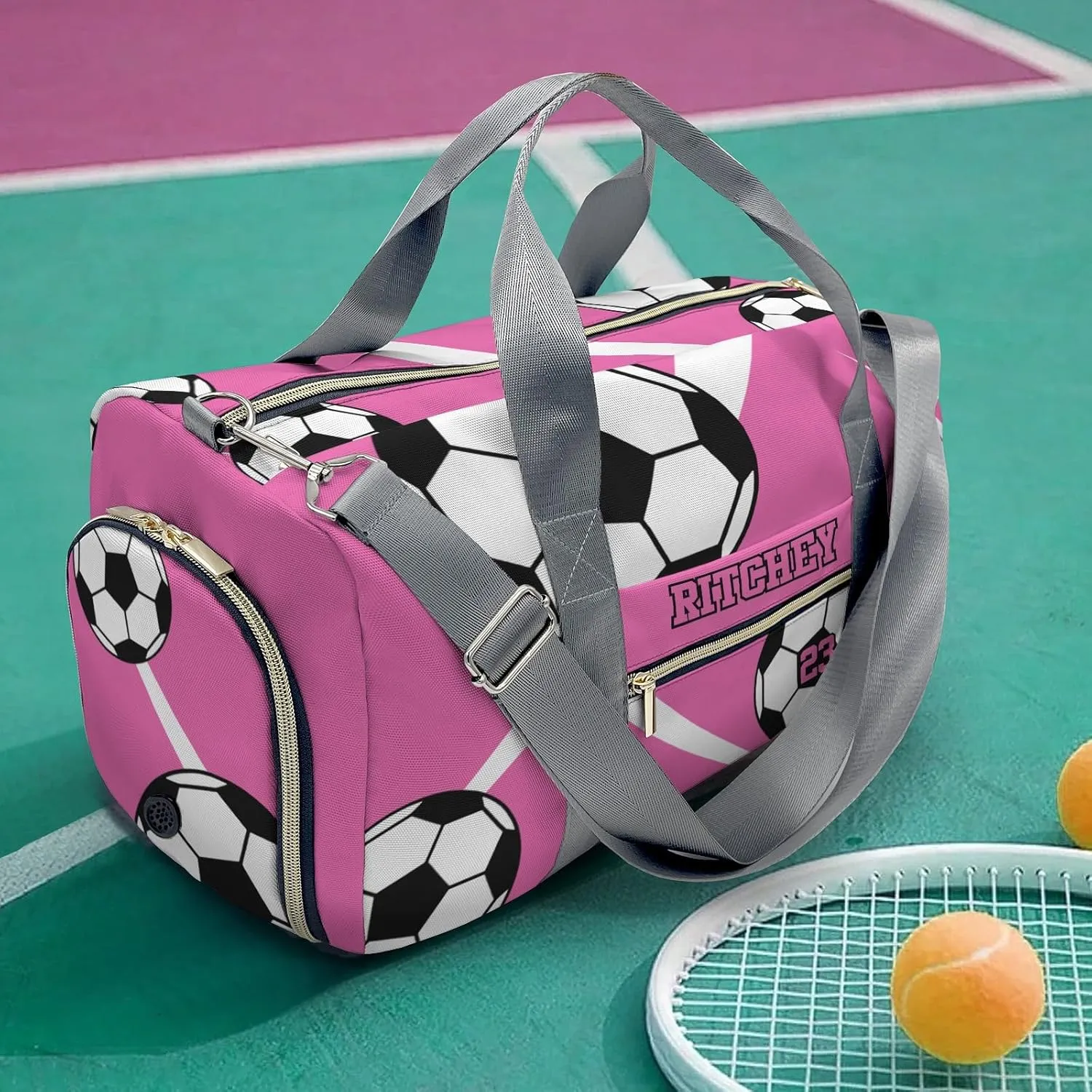 Sport Soccer Number Bright Pink Personalized Duffel Bag Custom Women Men Multi-Function Travel Bag Gym Sports Bag Gymnastic Yoga Bag Carry On Overnight Weekend Duffel Bags