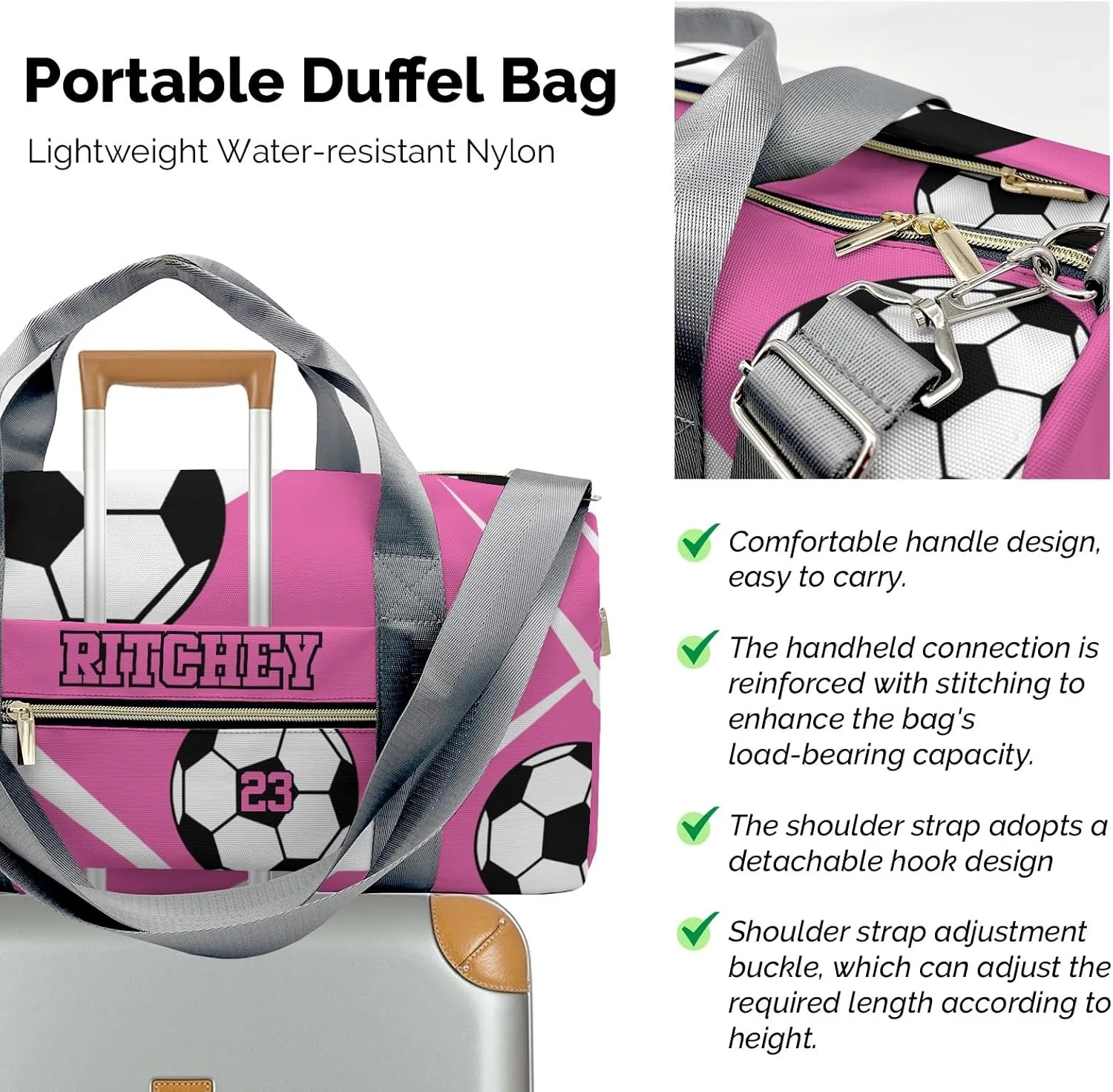 Sport Soccer Number Bright Pink Personalized Duffel Bag Custom Women Men Multi-Function Travel Bag Gym Sports Bag Gymnastic Yoga Bag Carry On Overnight Weekend Duffel Bags