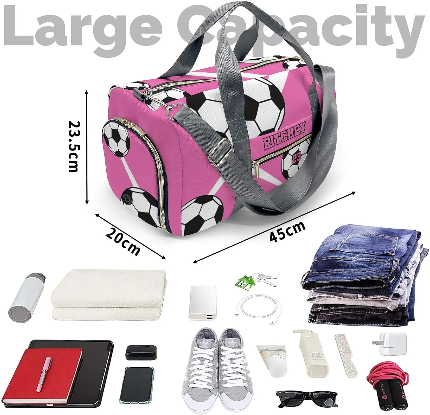 Sport Soccer Number Bright Pink Personalized Duffel Bag Custom Women Men Multi-Function Travel Bag Gym Sports Bag Gymnastic Yoga Bag Carry On Overnight Weekend Duffel Bags