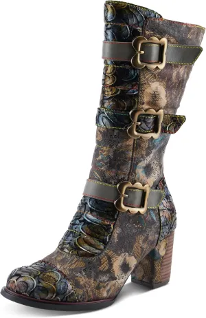 Spring Step L'Artiste Averie Women's Moto-Inspired Bootie - Quilted Upper, Metallic Prints, Decorative Straps
