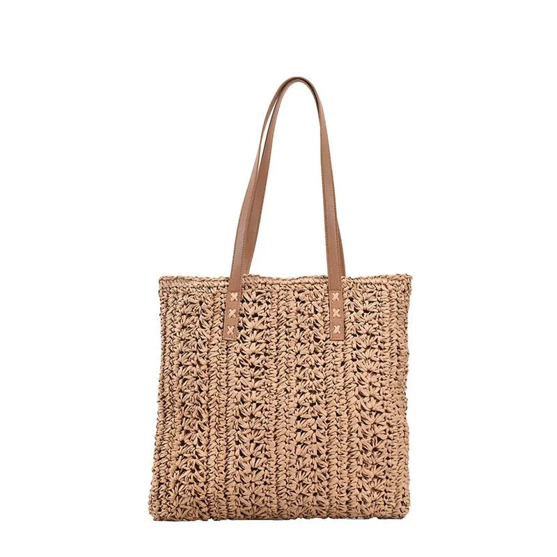 Square Hollow Straw Beach Bag Handmade Woven Shoulder Bag Raffia Rattan Shopping Travel Bag Bohemian Summer Vacation Casual Tote