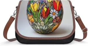Stained Glass Easter Egg with Spring Flower Patterns Crossbody Bag Leather Crossbody Bag