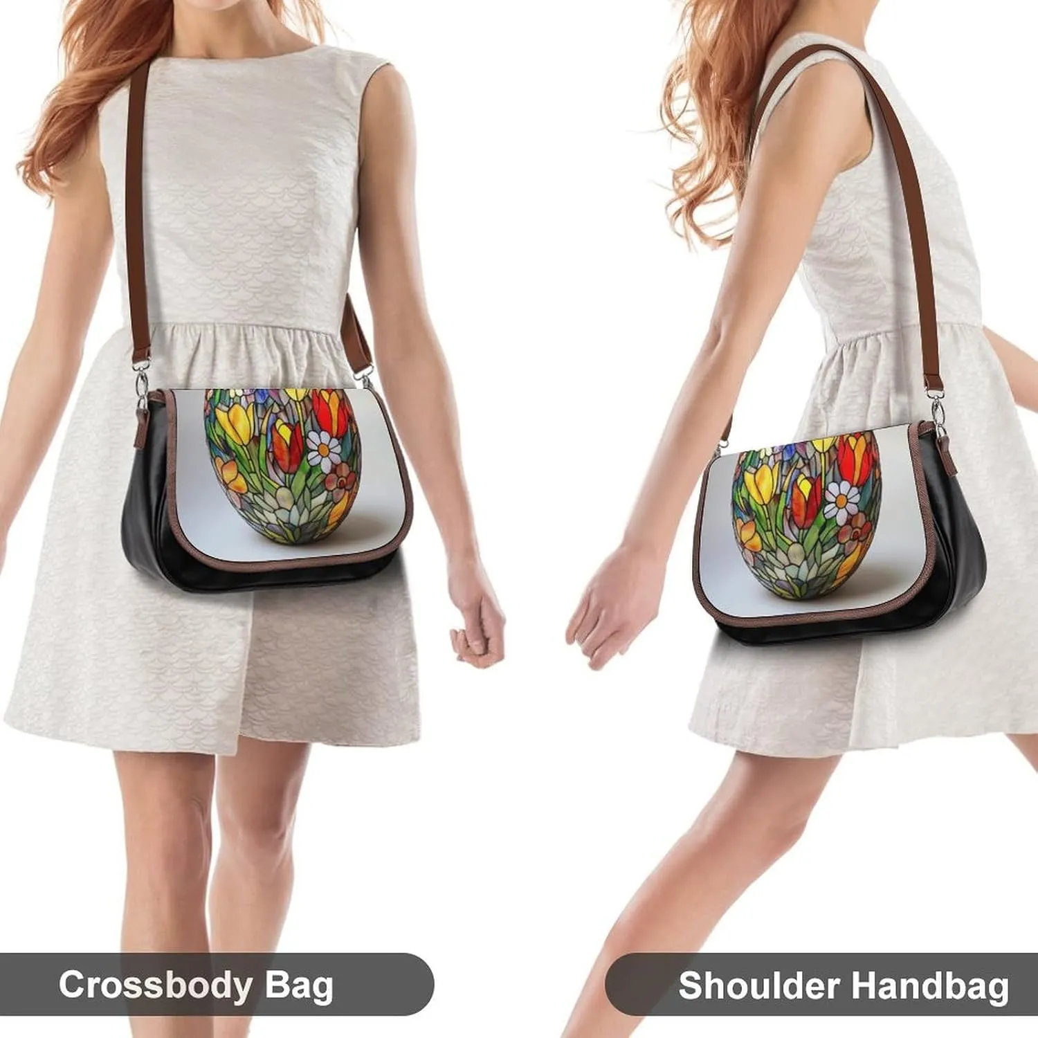 Stained Glass Easter Egg with Spring Flower Patterns Crossbody Bag Leather Crossbody Bag