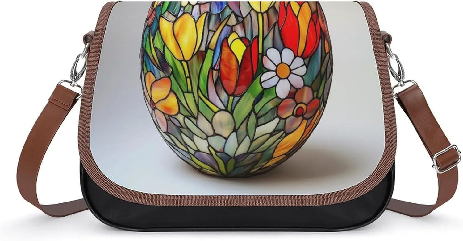 Stained Glass Easter Egg with Spring Flower Patterns Crossbody Bag Leather Crossbody Bag
