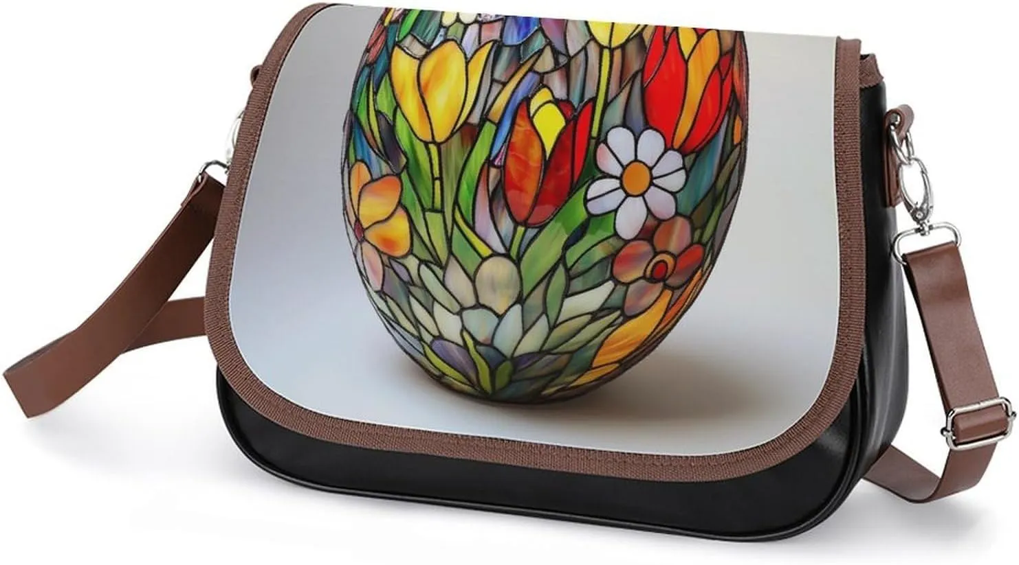 Stained Glass Easter Egg with Spring Flower Patterns Crossbody Bag Leather Crossbody Bag