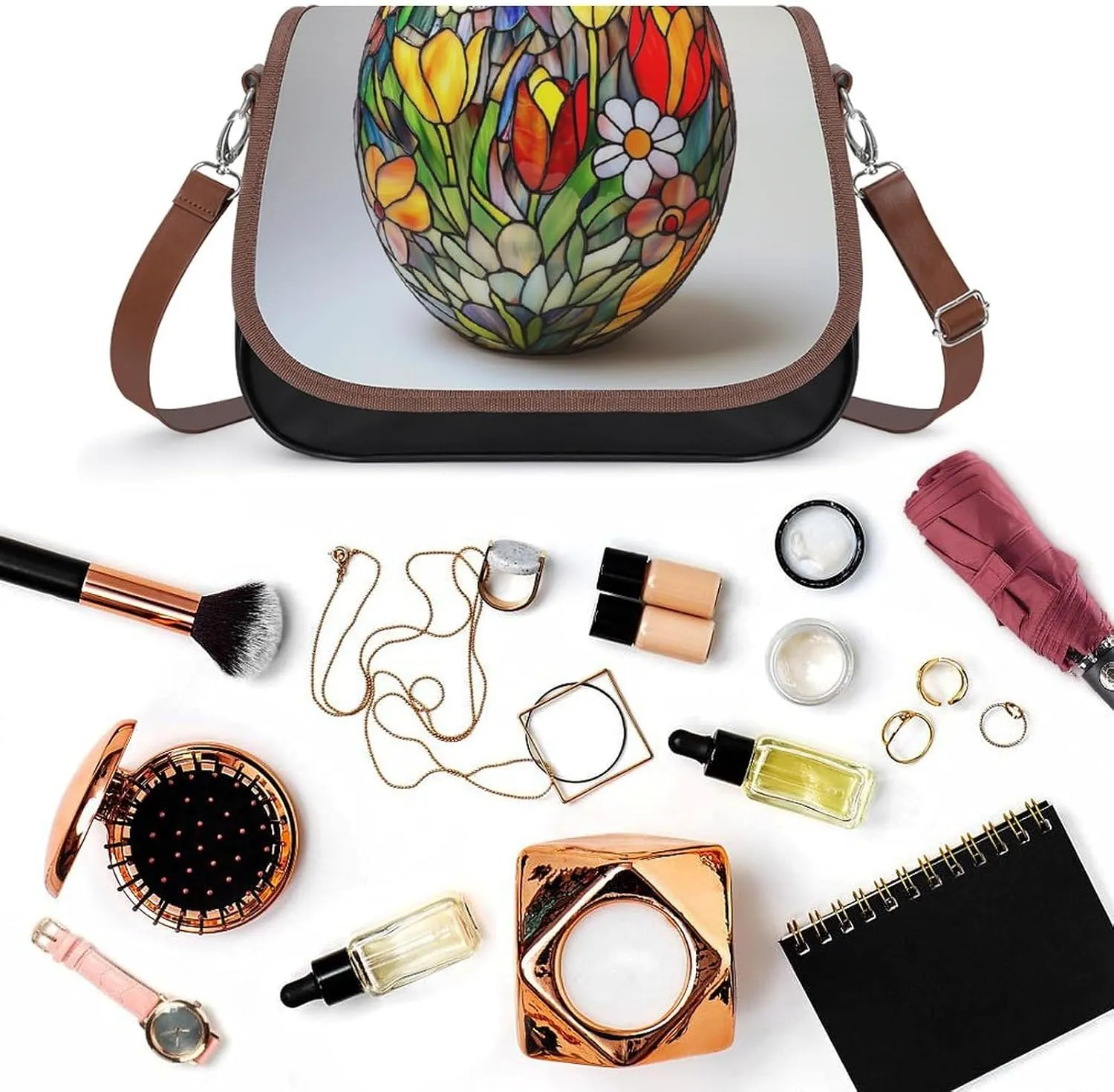 Stained Glass Easter Egg with Spring Flower Patterns Crossbody Bag Leather Crossbody Bag