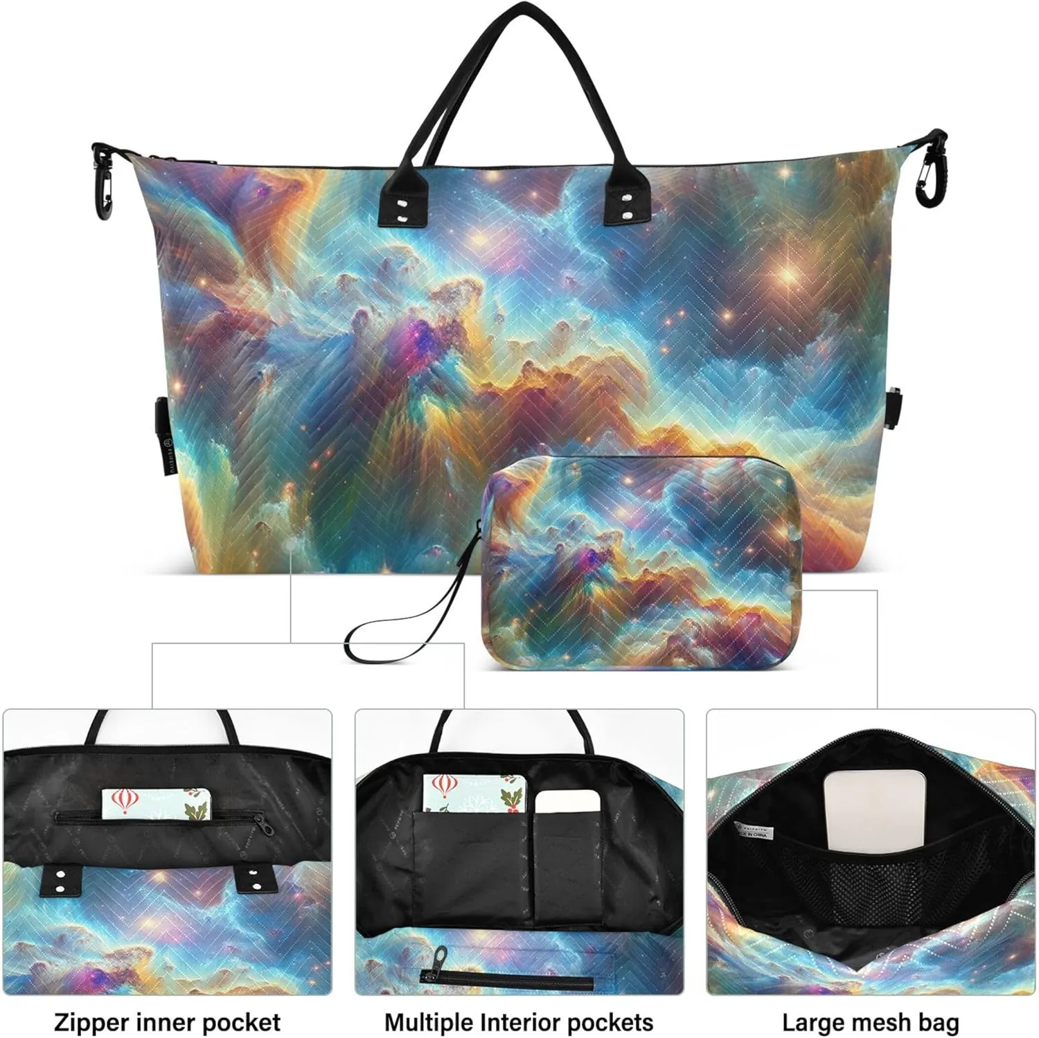 Starry Nebula Space Colorful Travel Duffel Bags Toiletry Pouches Set of 2, Modern Gym Bag Small Overnight Bag