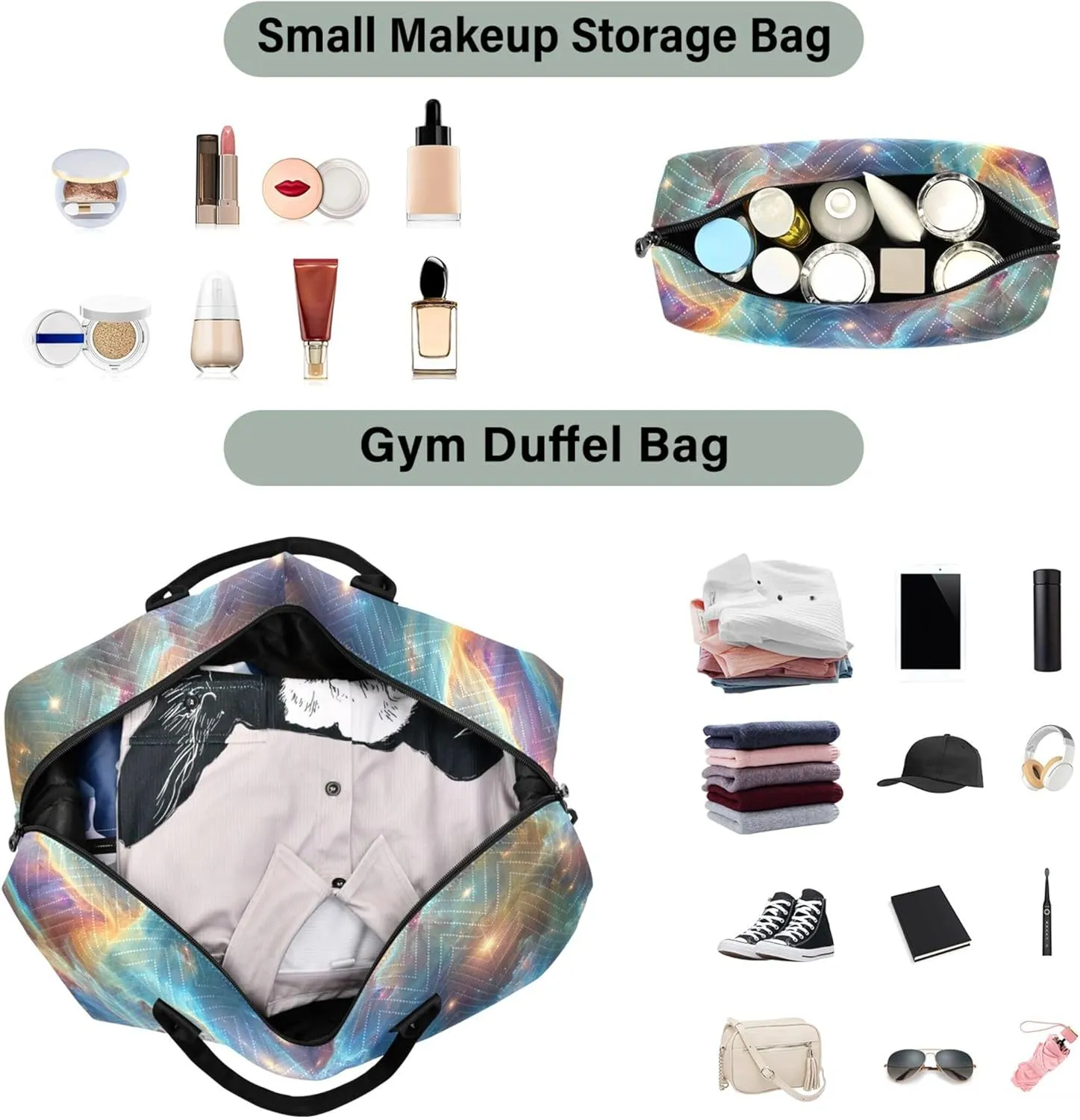 Starry Nebula Space Colorful Travel Duffel Bags Toiletry Pouches Set of 2, Modern Gym Bag Small Overnight Bag