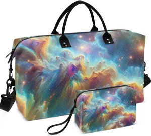 Starry Nebula Space Colorful Travel Duffel Bags Toiletry Pouches Set of 2, Modern Gym Bag Small Overnight Bag