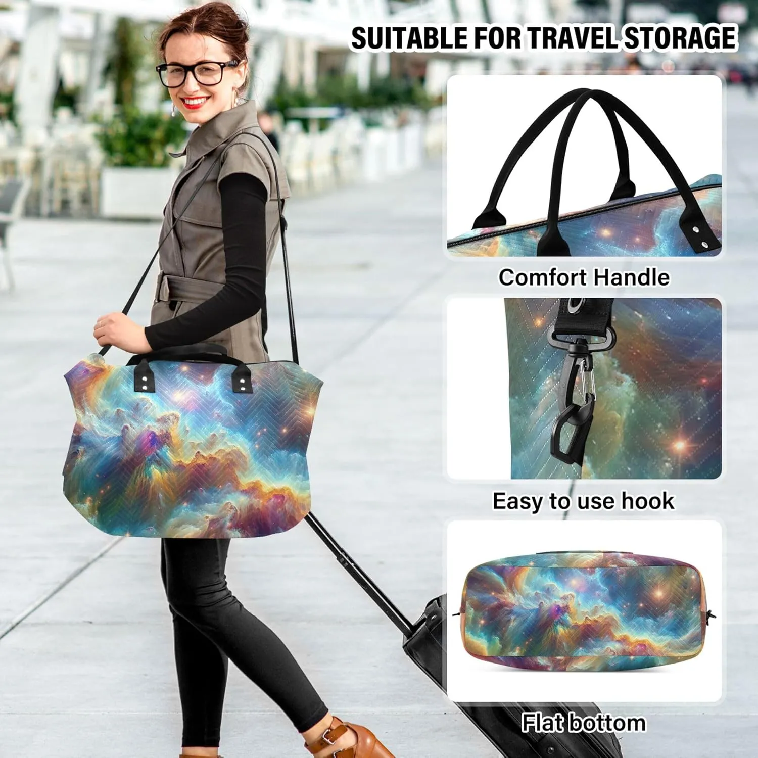 Starry Nebula Space Colorful Travel Duffel Bags Toiletry Pouches Set of 2, Modern Gym Bag Small Overnight Bag