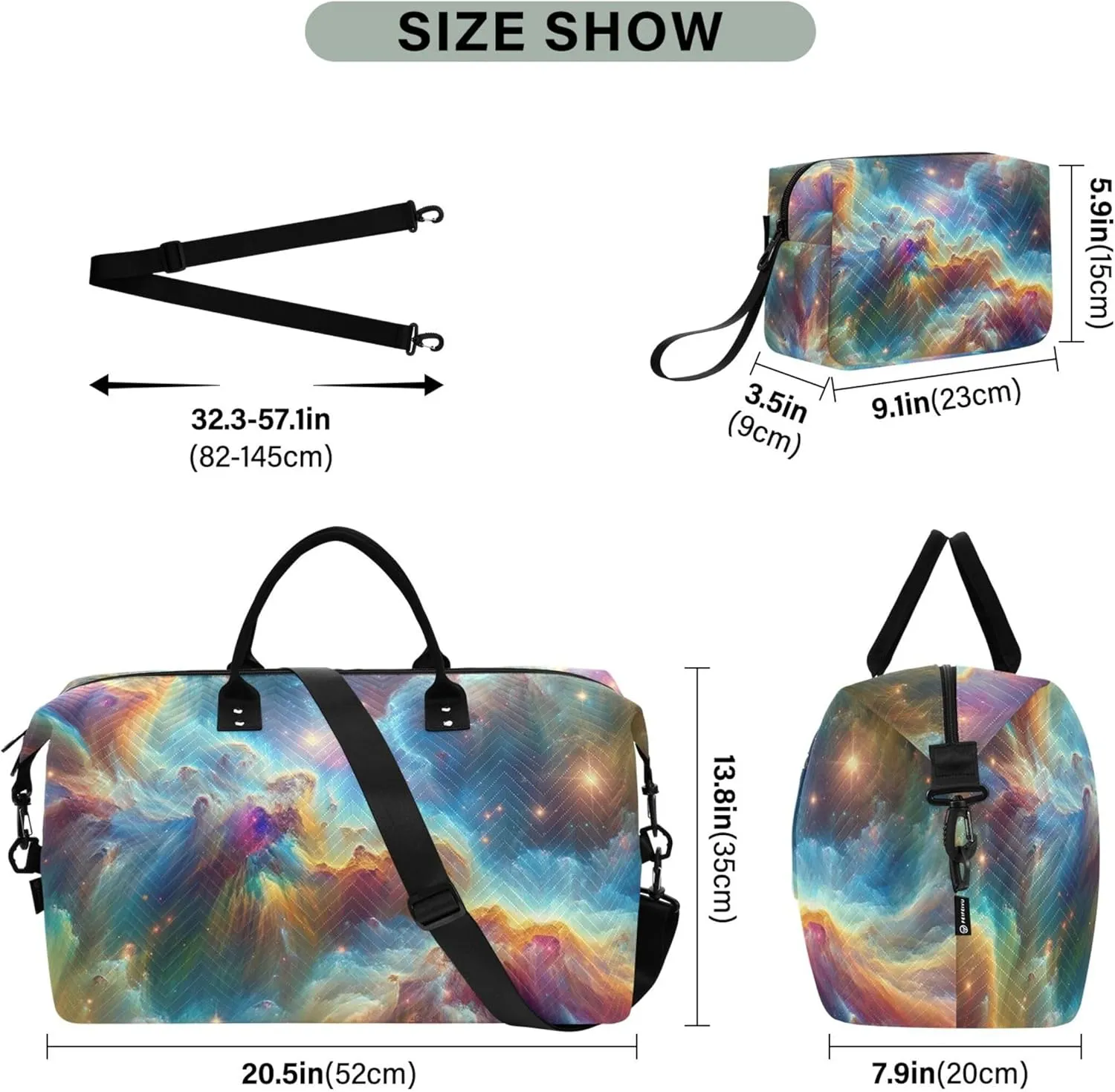 Starry Nebula Space Colorful Travel Duffel Bags Toiletry Pouches Set of 2, Modern Gym Bag Small Overnight Bag