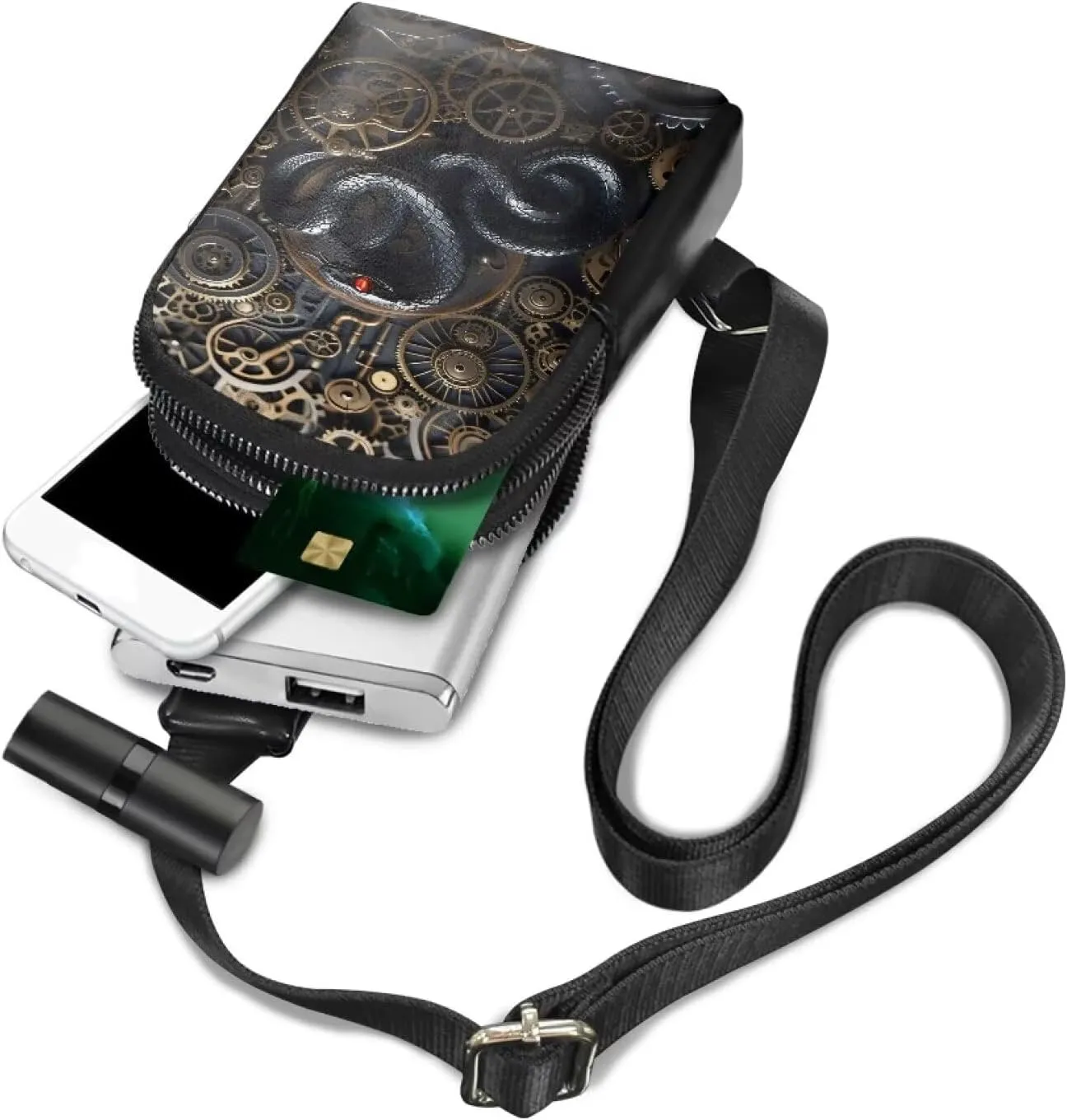 Steampunk Crossbody Bags for Women PU Leather Sling Bag, Mechanical Robotic Gears Chest Bags for Travel Running