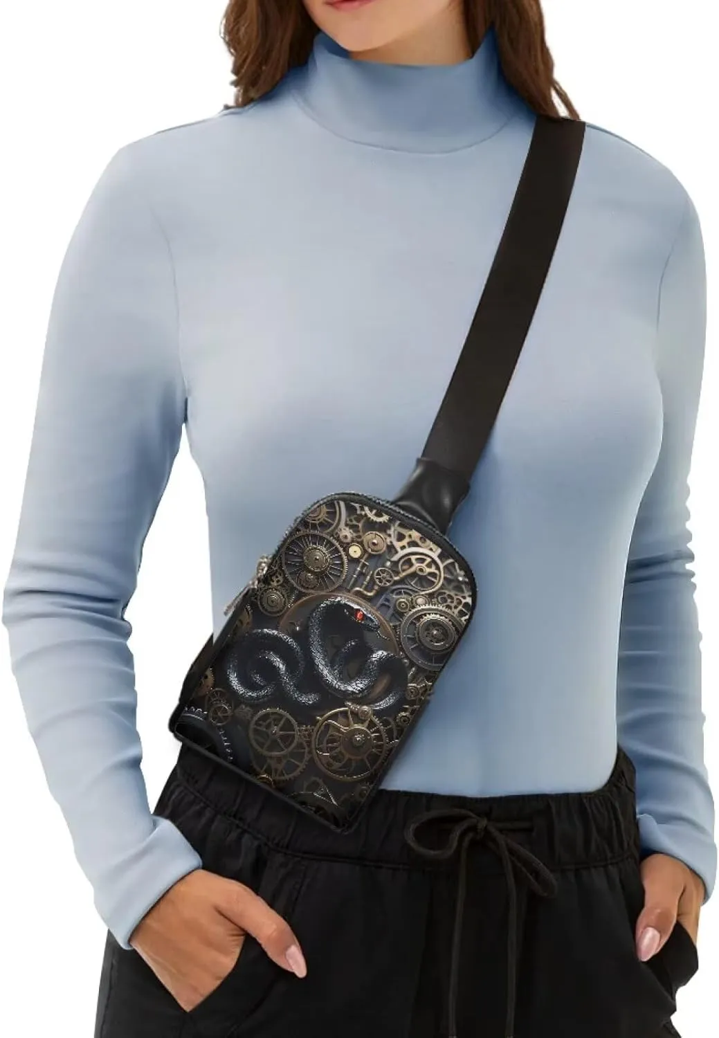 Steampunk Crossbody Bags for Women PU Leather Sling Bag, Mechanical Robotic Gears Chest Bags for Travel Running