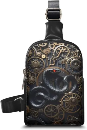 Steampunk Crossbody Bags for Women PU Leather Sling Bag, Mechanical Robotic Gears Chest Bags for Travel Running