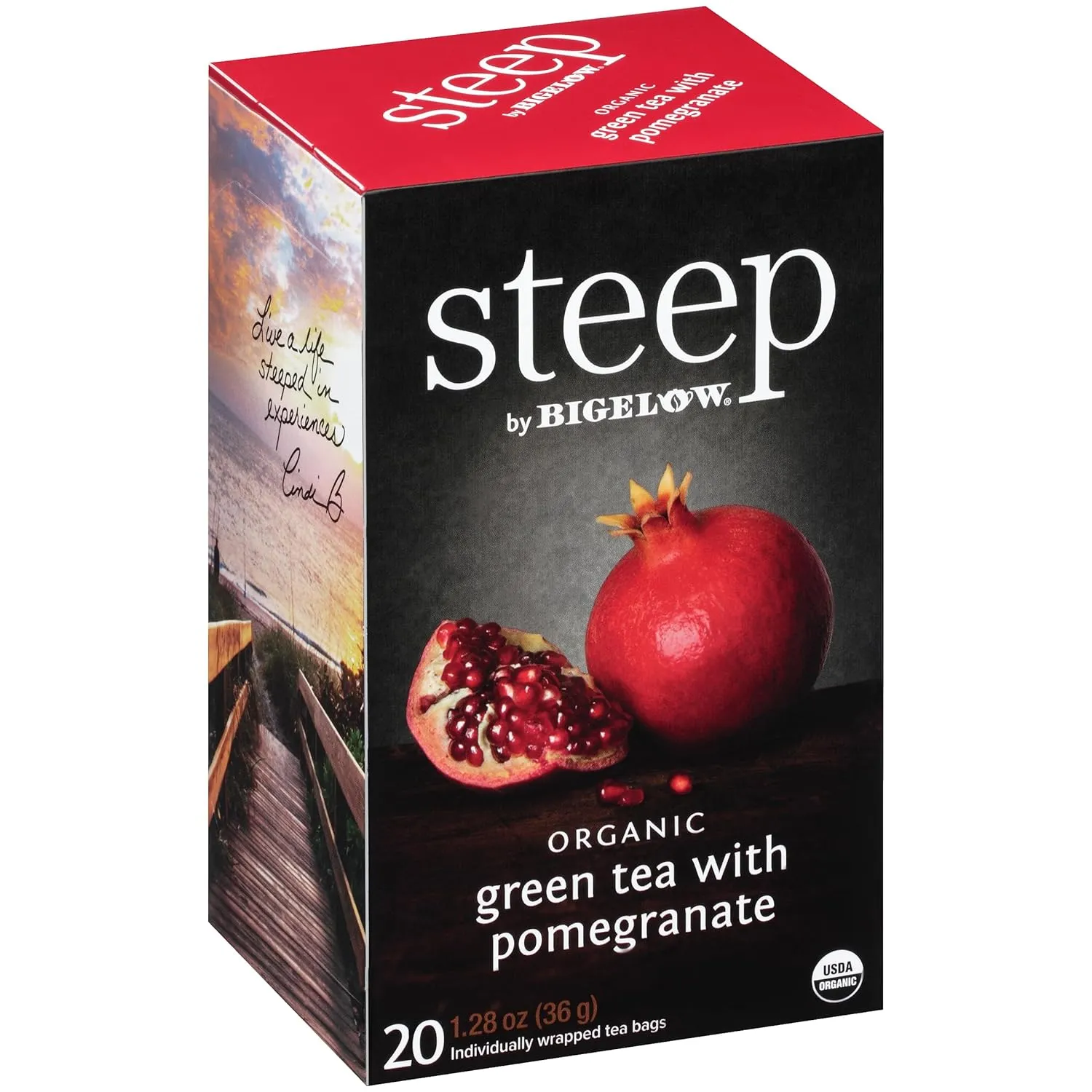 steep by Bigelow Organic Green Tea with Pomegranate, Caffeinated, 20 Count (Pack of 6), 120 Total Tea Bags