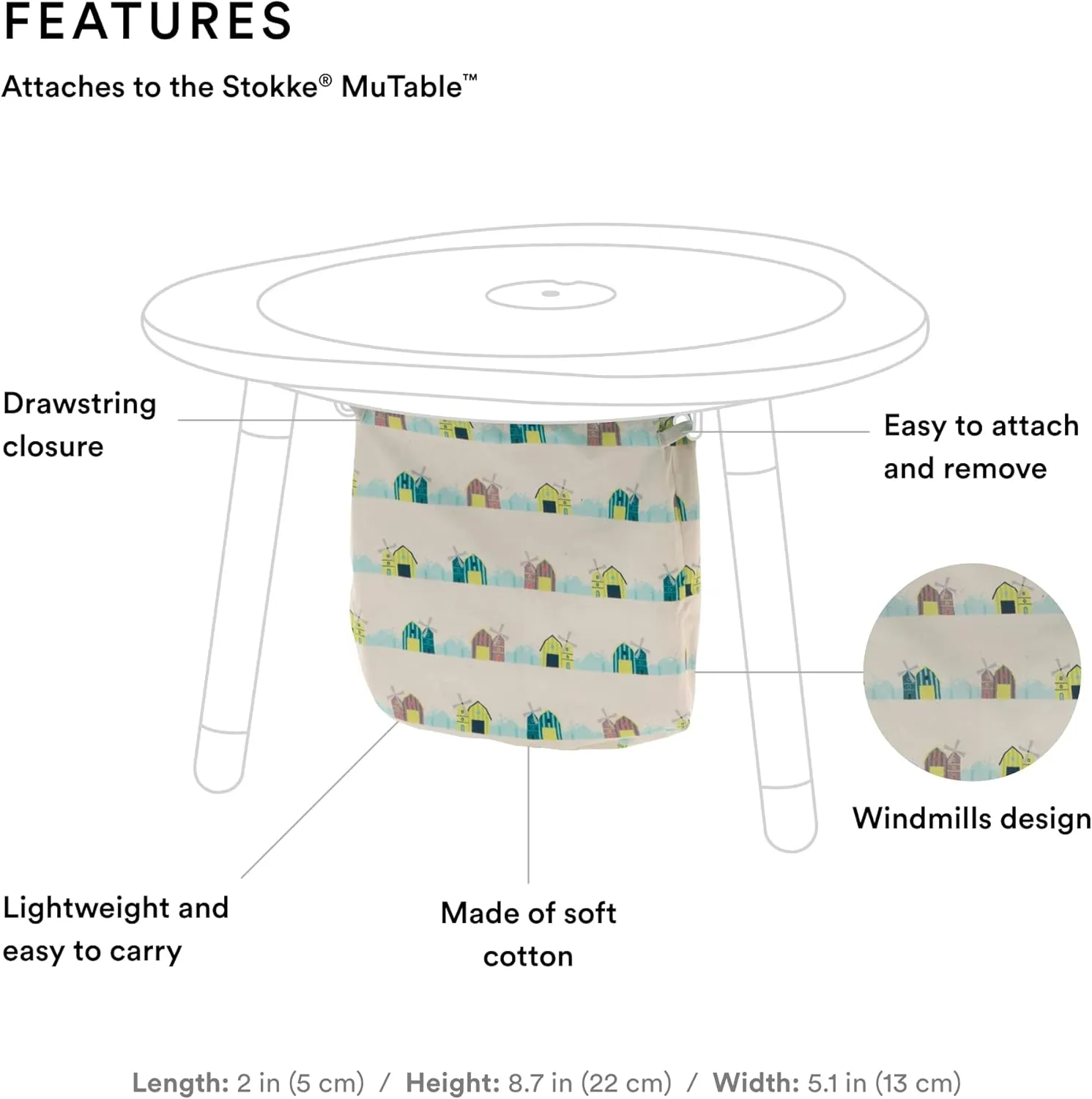 Stokke MuTable Cotton Bag, Windmills - Toy Storage Bag for Small to Medium-Sized Toys - Made of Soft Cotton - Lightweight, Easy to Carry