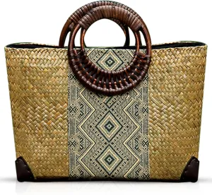 Straw Bag, Summer Beach Handmade Rattan Tote Bag, Large Straw Woven Handbag, Boho Retro Rattan Bag for Women Vacation Beach Travel (Natural)