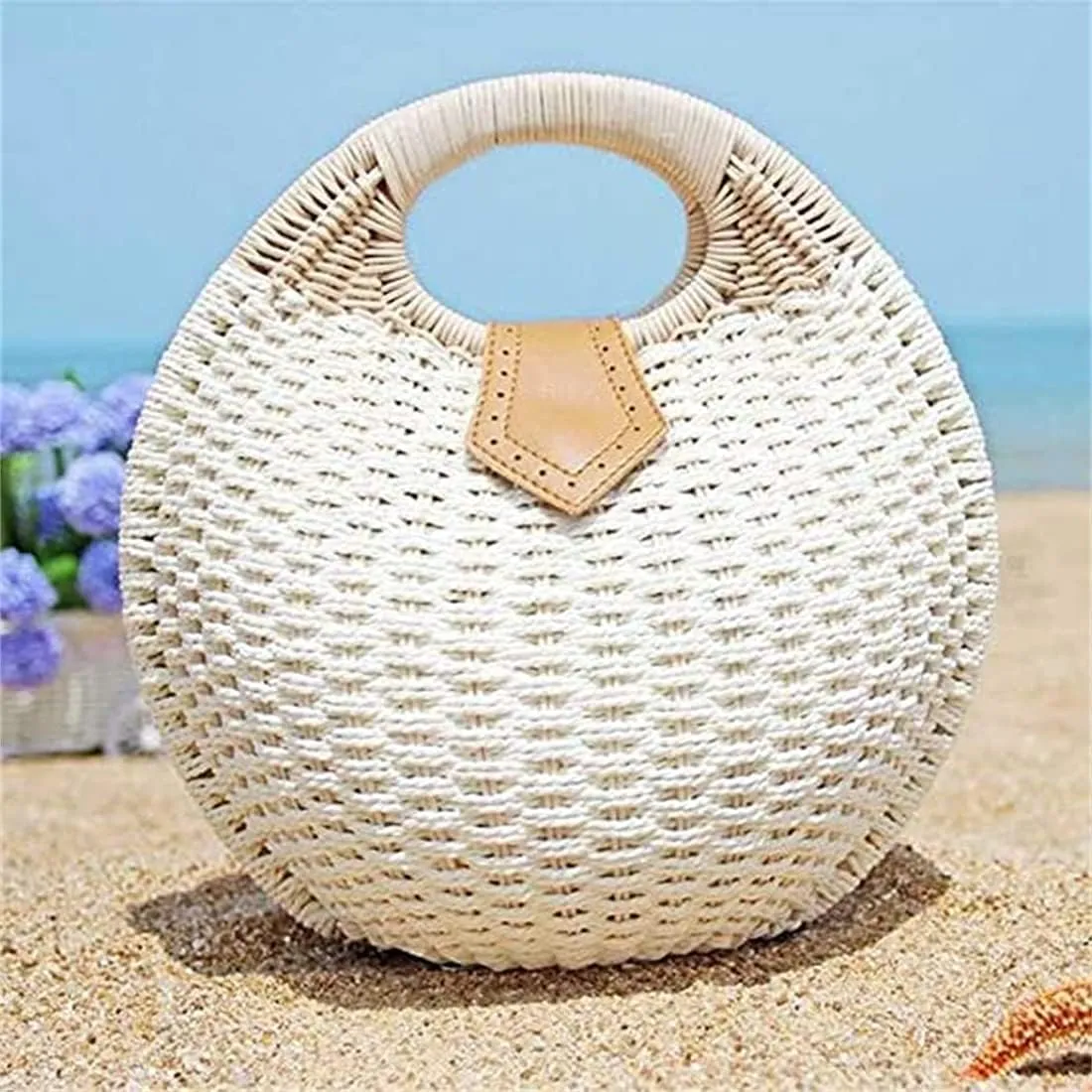 Straw Bags for Women,Hand-woven Straw Shell Bag Handle Ring Tote Retro Summer Beach Rattan bag.