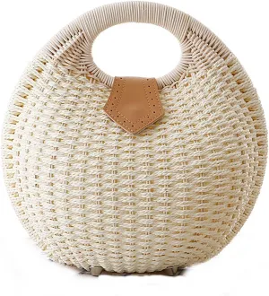 Straw Bags for Women,Hand-woven Straw Shell Bag Handle Ring Tote Retro Summer Beach Rattan bag.
