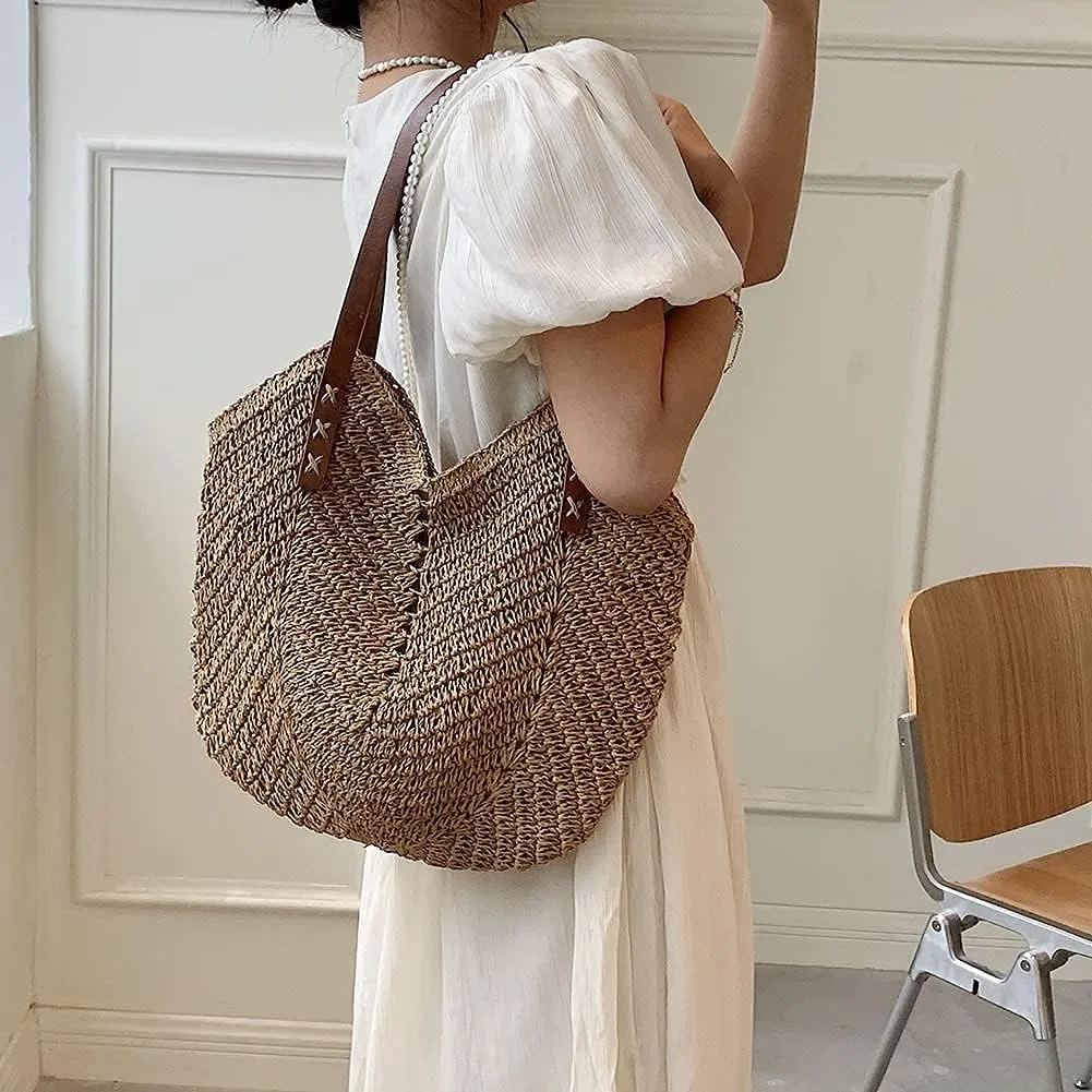 Straw Beach Bag with Zipper Large Woven Summer Boho Tote Handbag Rattan Wicker Purse for Shopping Summer Vacation