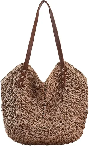 Straw Beach Bag with Zipper Large Woven Summer Boho Tote Handbag Rattan Wicker Purse for Shopping Summer Vacation