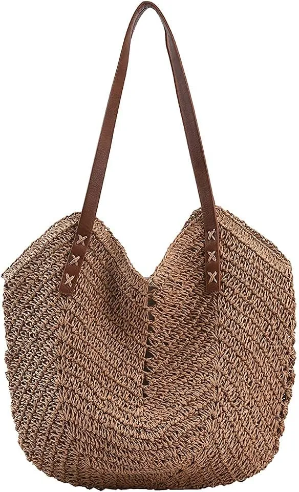 Straw Beach Bag with Zipper Large Woven Summer Boho Tote Handbag Rattan Wicker Purse for Shopping Summer Vacation