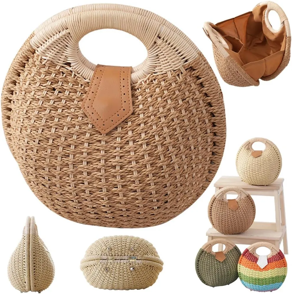 Straw Handbag,Women Hand Woven Tote,Beach Rattan Tote Bag,Retro Shell Bag