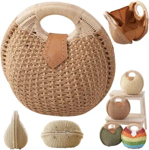 Straw Handbag,Women Hand Woven Tote,Beach Rattan Tote Bag,Retro Shell Bag