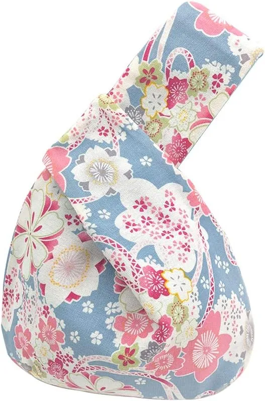 Stylish Cotton Japanese Pattern Wrist Bag Sleeve Knot Pouch Portable Canvas Tote Purse for Female, Women