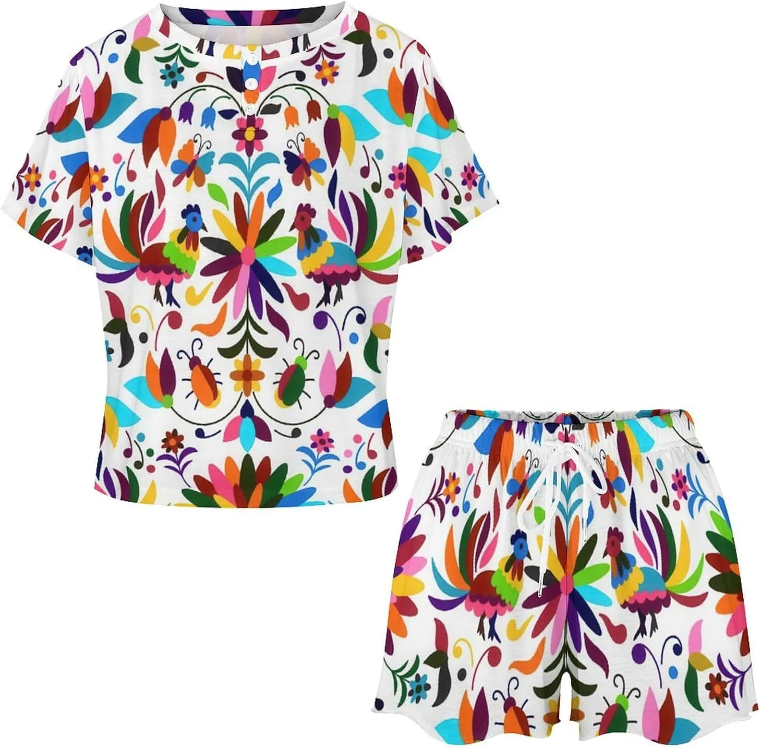 Stylish Otomi Ethnic Floral Summer Two Piece Women's Lounge PJs Short Sleeve Sleepwear Set with Pockets