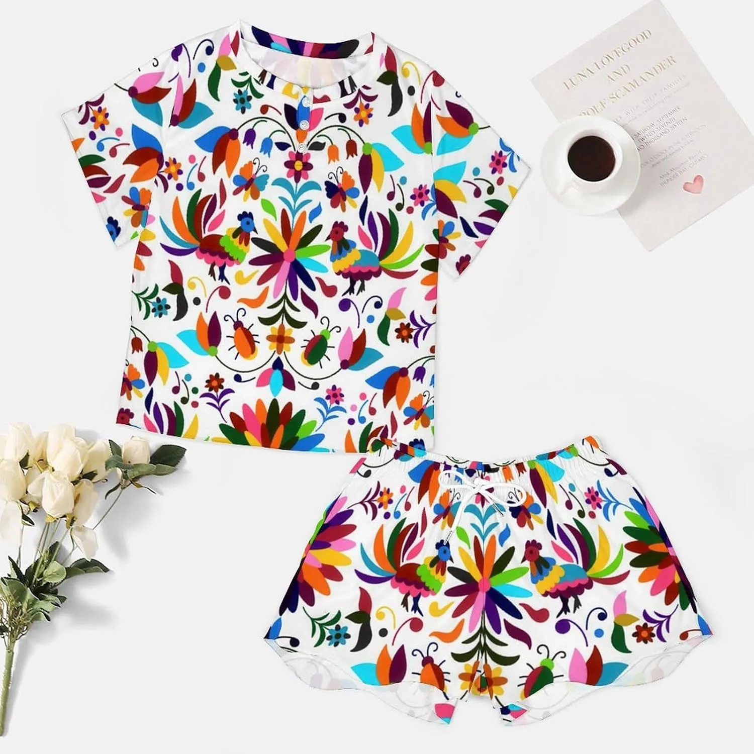Stylish Otomi Ethnic Floral Summer Two Piece Women's Lounge PJs Short Sleeve Sleepwear Set with Pockets