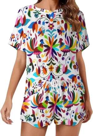 Stylish Otomi Ethnic Floral Summer Two Piece Women's Lounge PJs Short Sleeve Sleepwear Set with Pockets