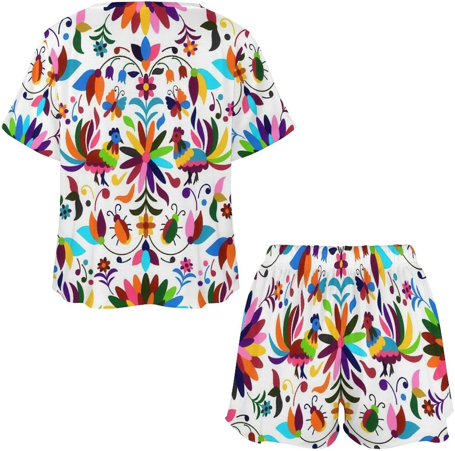 Stylish Otomi Ethnic Floral Summer Two Piece Women's Lounge PJs Short Sleeve Sleepwear Set with Pockets