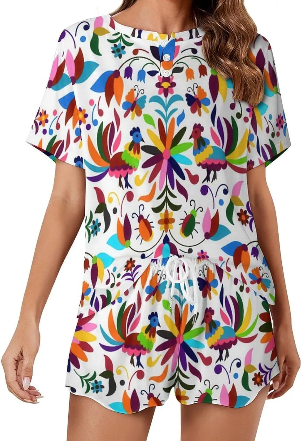 Stylish Otomi Ethnic Floral Summer Two Piece Women's Lounge PJs Short Sleeve Sleepwear Set with Pockets