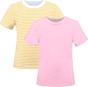 Sunny Fashion 2 Pack Girls T-Shirt Top Tee Solid Striped Basic Cozy Cotton Essential
