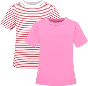 Sunny Fashion 2 Pack Girls T-Shirt Top Tee Solid Striped Basic Cozy Cotton Essential