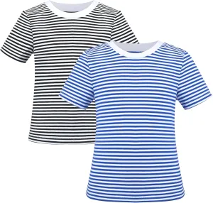 Sunny Fashion 2 Pack Girls T-Shirt Top Tee Solid Striped Basic Cozy Cotton Essential
