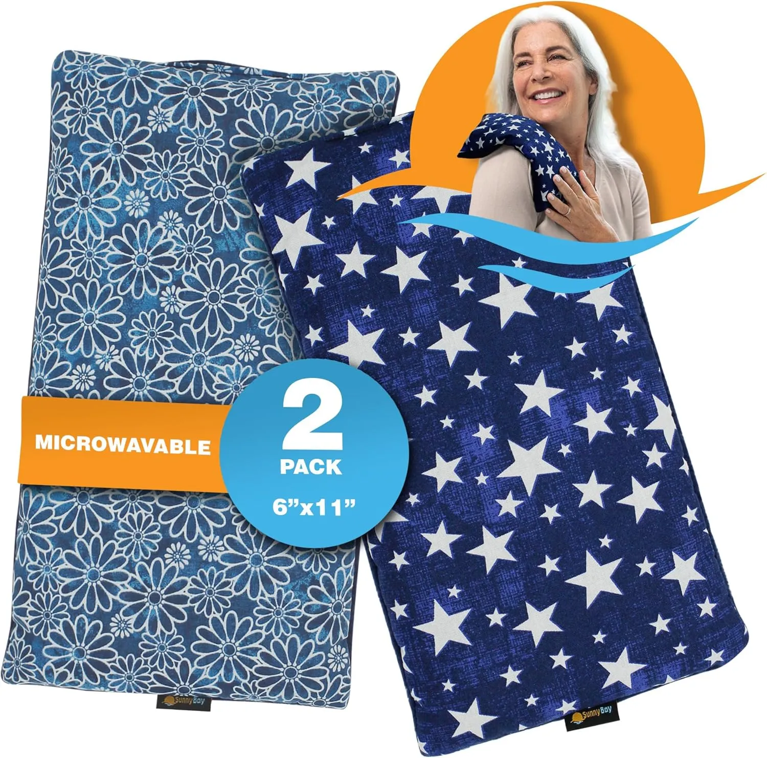 SunnyBay Small Microwave Heating Pad Microwavable Neck and Shoulder Wrap for Pain Relief Mother's Day Gifts Moist Heat Cotton Fleece Pad 6x11 Inches Blue Star and Royal Flower, Pack of 2