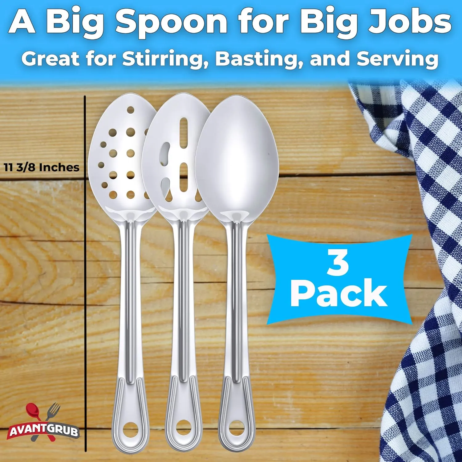 Super Strong, Ergonomic 11 in Serving Spoon 9 Pk. Big, Stainless Steel Spoons for Cooking, Baking, Stirring and Basting. Best Kitchen Flatware for Buffet and Banquet Service in Restaurants and at Home