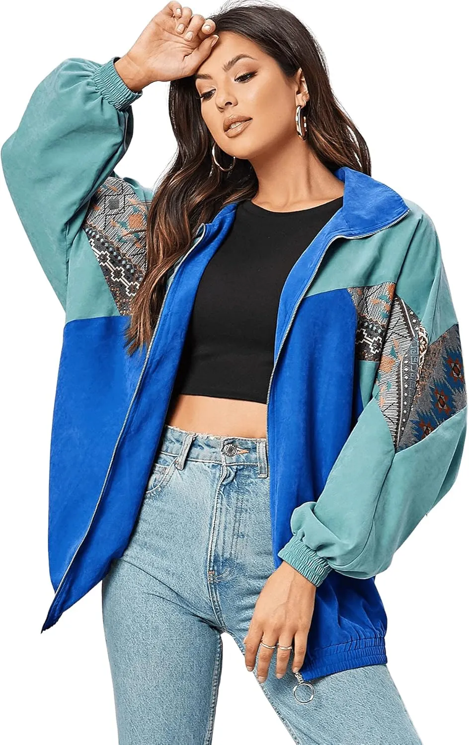 SweatyRocks Women's Lightweight Windbreaker Patchwork Zipper Sport Jacket Coat Outerwear
