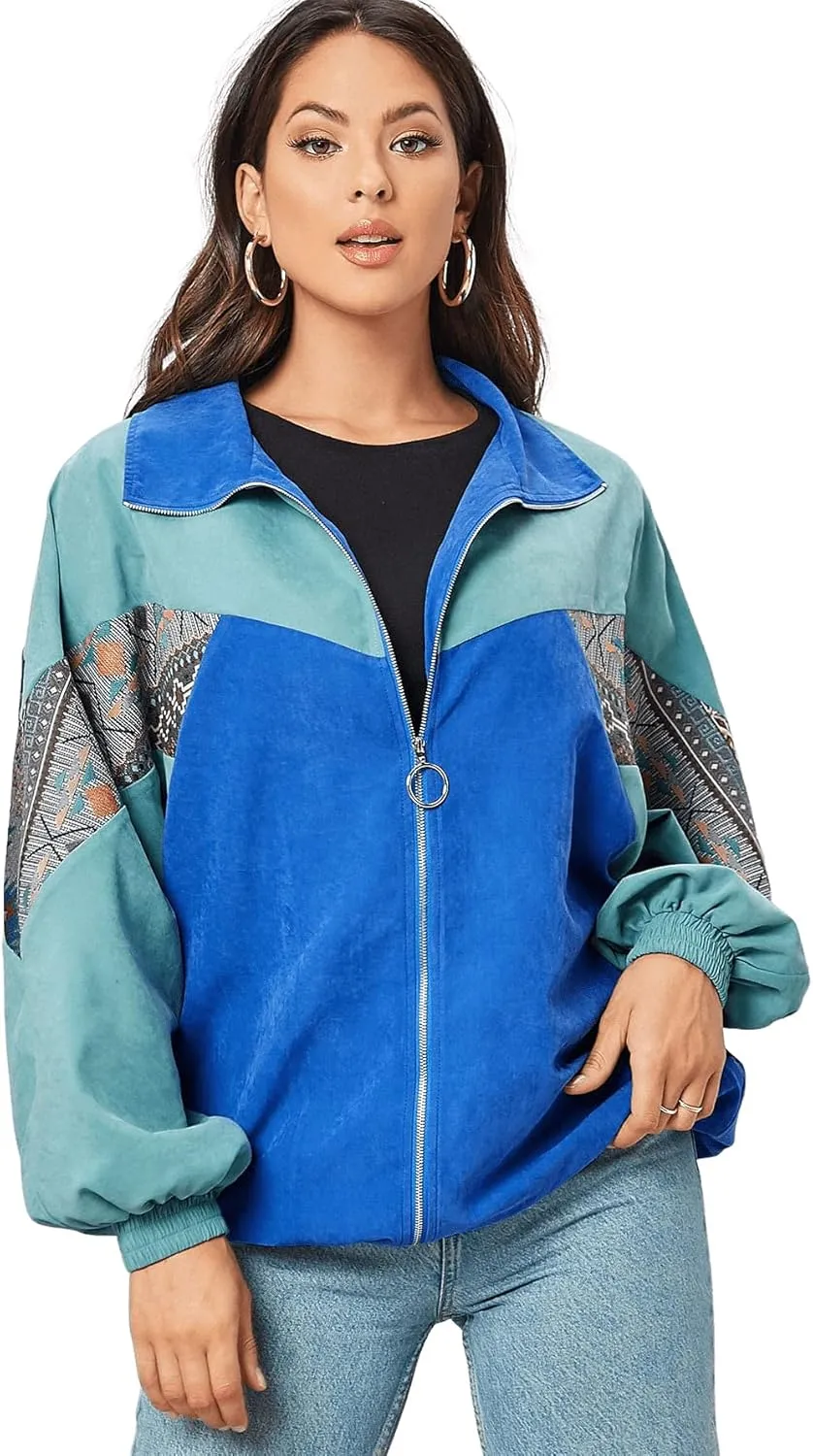 SweatyRocks Women's Lightweight Windbreaker Patchwork Zipper Sport Jacket Coat Outerwear