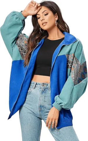 SweatyRocks Women's Lightweight Windbreaker Patchwork Zipper Sport Jacket Coat Outerwear