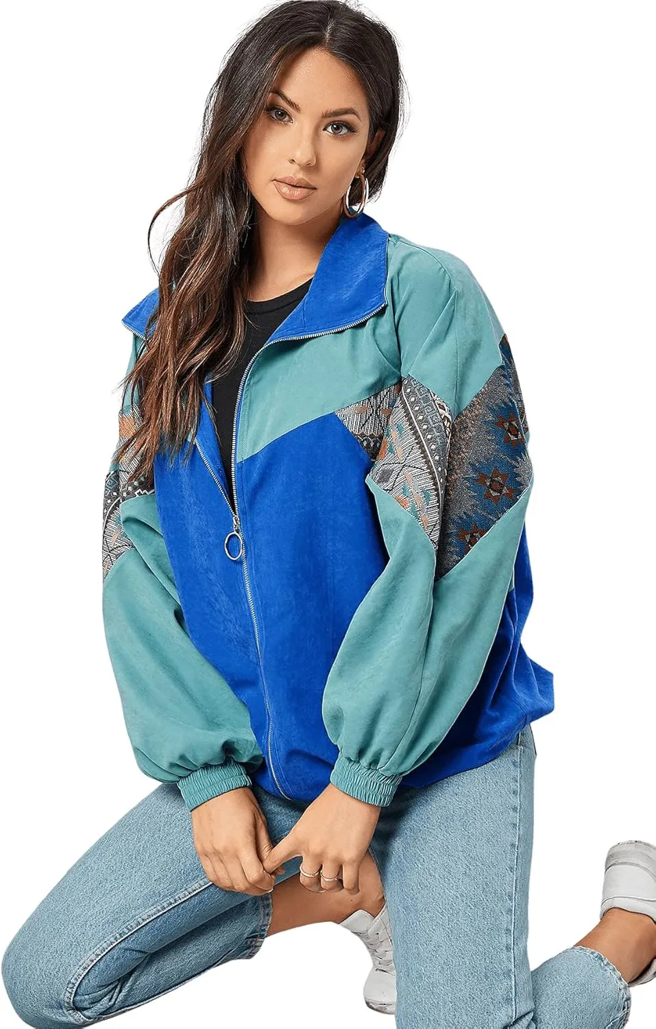 SweatyRocks Women's Lightweight Windbreaker Patchwork Zipper Sport Jacket Coat Outerwear
