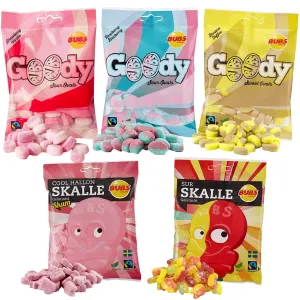 Swedish Candy Bubs Mix 5 Pack – Raspberry Blueberry, Strawberry Vanilla, Banana Toffee, Raspberry Skulls & Sour Skulls – 90g Bags (1 POUND Total)