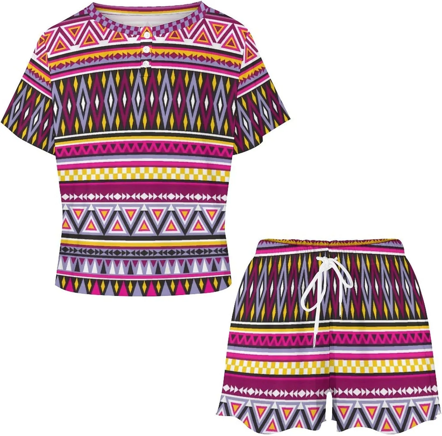 Sweet Aztec Tribal Summer 2 Piece Ladies Pajama Short Sleeve Sleepwear Sets with Pockets