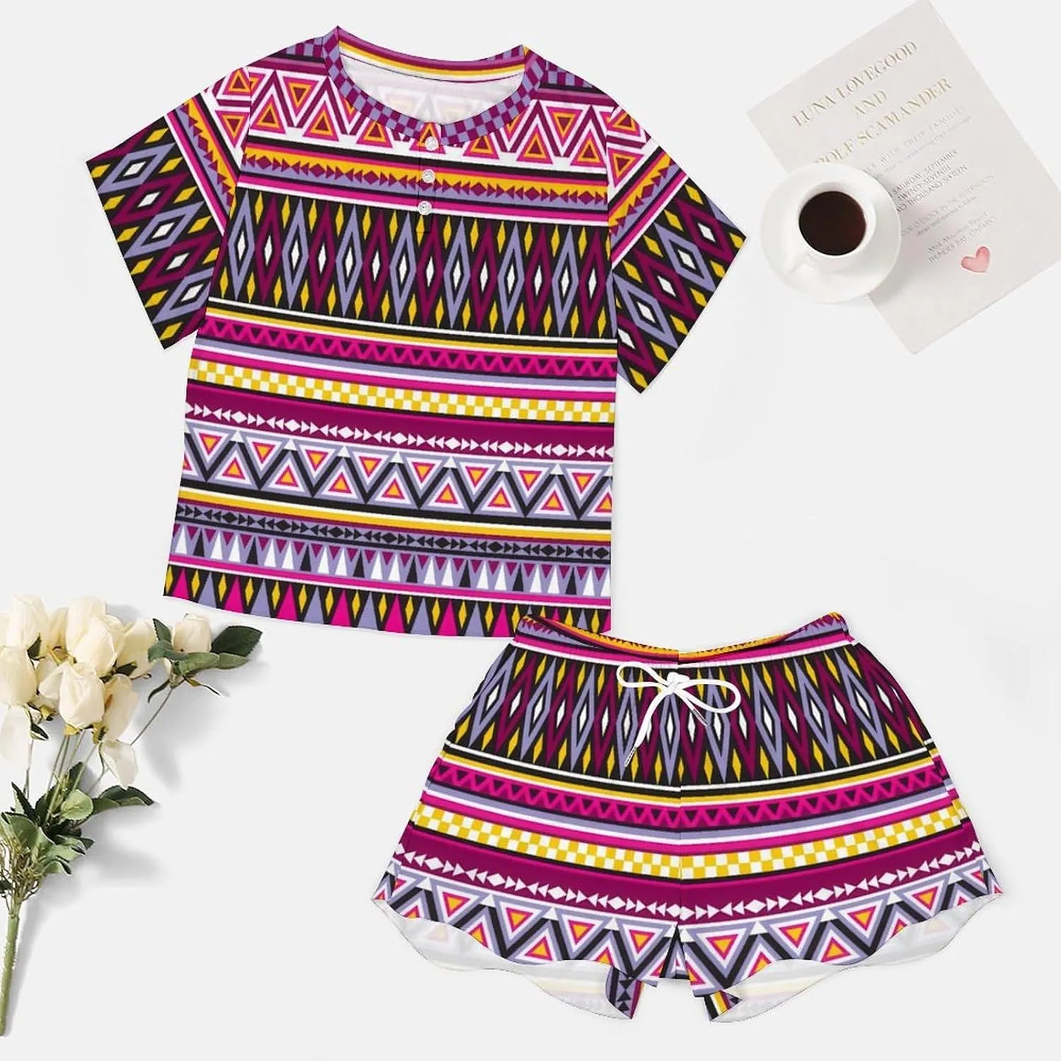 Sweet Aztec Tribal Summer 2 Piece Ladies Pajama Short Sleeve Sleepwear Sets with Pockets