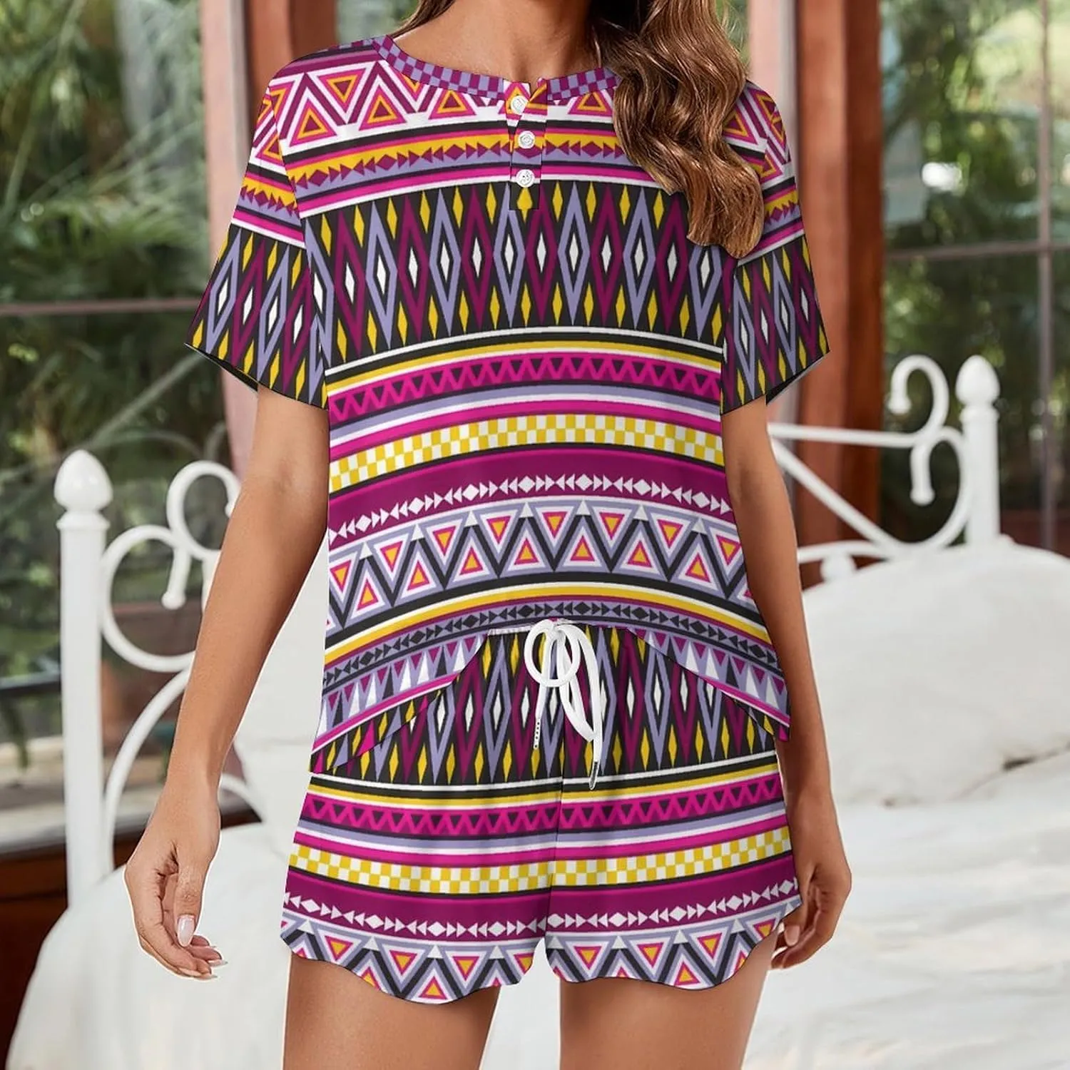 Sweet Aztec Tribal Summer 2 Piece Ladies Pajama Short Sleeve Sleepwear Sets with Pockets