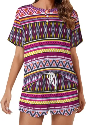 Sweet Aztec Tribal Summer 2 Piece Ladies Pajama Short Sleeve Sleepwear Sets with Pockets