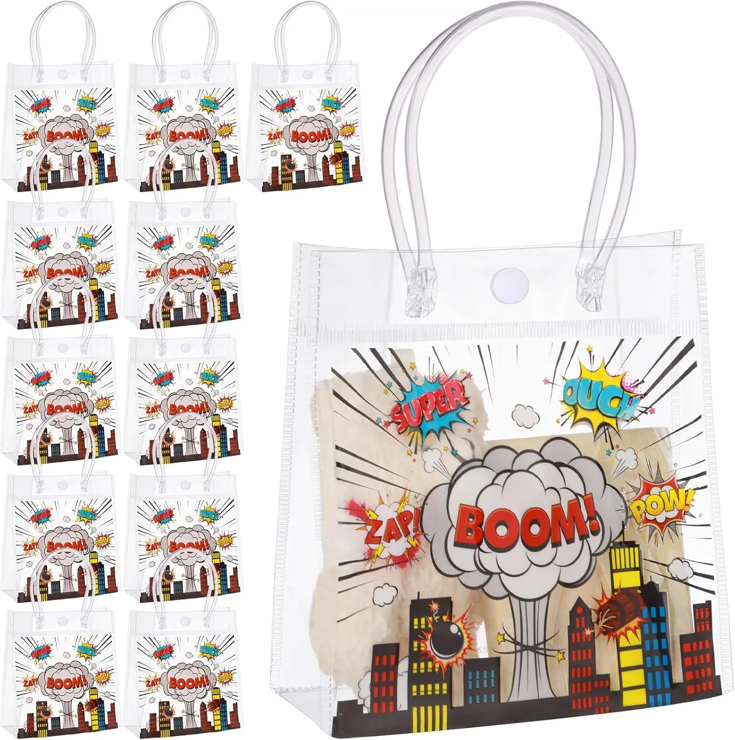 Sweetude 24 Pcs Hero Party Favor Bags with Handles Hero Theme Clear Candy PVC Plastic Bags Boom Theme Goodie Holder for Party Supplies Birthday Treat 5.9x6.3x2.8 Inches
