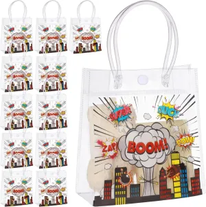 Sweetude 24 Pcs Hero Party Favor Bags with Handles Hero Theme Clear Candy PVC Plastic Bags Boom Theme Goodie Holder for Party Supplies Birthday Treat 5.9x6.3x2.8 Inches